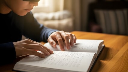 Close up of visually impaired person reading braille book touching raised dots for tactile learning and accessibility education in natural light