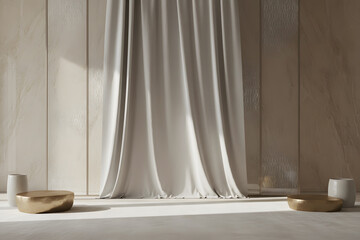 Modern minimalist room with flowing white curtain, soft lighting, golden cushions, and beige marble walls. Calm, luxury interior atmosphere