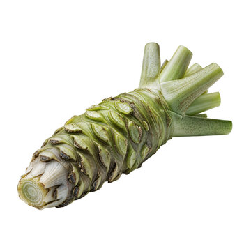 High-quality photo of a whole fresh wasabi root or horseradish isolated on a white background, Japanese cuisine ingredient.