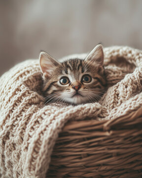 Cute tabby kitten peeking out from a knitted blanket inside a wicker basket, cozy home scene with soft light, warmth and calm atmosphere