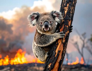 A koala clinging to a burnt tree with flames and smoke filling the background; facing the camera