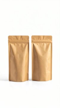 Two brown paper pouches isolated on a white background, blank eco-friendly packaging for product mockups and branding design, simple studio shot.