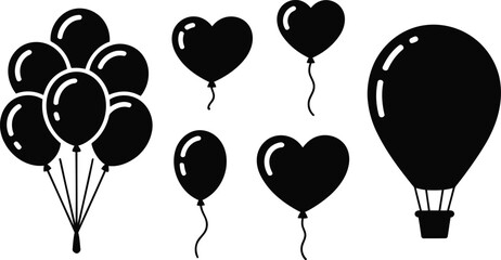 Variety of black silhouette balloons including multiple heart designs and an individual hot air balloon