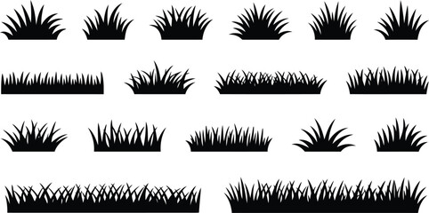 Various black grass silhouettes arranged in different clumps and borders against a clean white backdrop