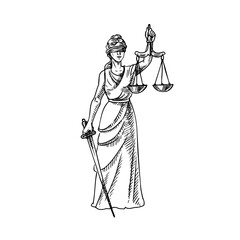Sketch Themis. Lady justice. Woman holding scales and sword. Engraved line style hand drawn isolated vector illustration. Law, legal, court, mediation center, arbitration, notary concept