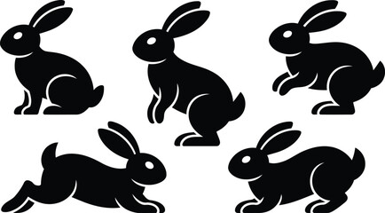 Various black rabbit silhouettes captured in different resting and alert positions on a simple white backdrop
