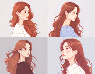Soft portrait illustration set of a young woman with gentle expression & minimal background