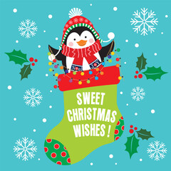 Christmas card with penguin on stocking