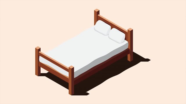 Isometric wooden bed with mattress animation. 3D isometric bed. Wooden bed frame with mattress, pillow, and blanket. Isometric bedroom furniture. 4K video animated in isometric style