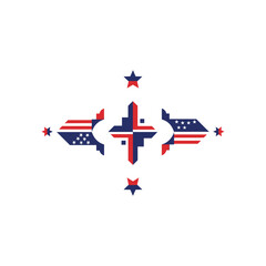 Abstract patriotic emblem with red blue stripes and stars forming symmetrical cross shape, modern USA national symbol in flat vector style on white background