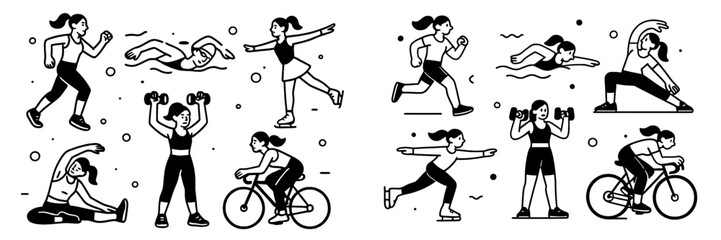 Fototapeta premium Various fitness activities illustrated in a dynamic vector style