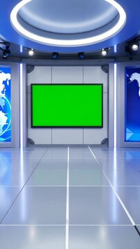 Empty modern virtual television studio setup with large green screen for chroma key, illuminated floor, and animated screens, ideal for broadcasting