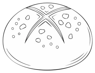Outline Illustration of Crusty Round Bread with a Cross Pattern and Spots for a Culinary Art Piece