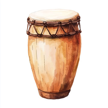 Watercolor illustration of a wooden conga drum isolated on white background.