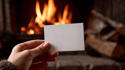 Blank business card held in a warm hand by a cozy fireplace with glowing flames and stacked firewood, minimalist stationery and professional branding concept for creative business presentations
