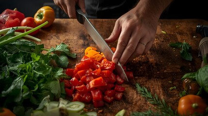 Chef hand chopping fresh vegetables, culinary preparation and cooking process.