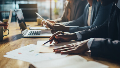 Business professionals collaborating on documents in modern office