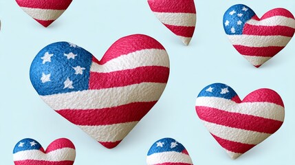 Colorful hearts designed with American flag patterns, floating against a soft blue background, symbolizing patriotism and love, perfect for celebrating national holidays and events