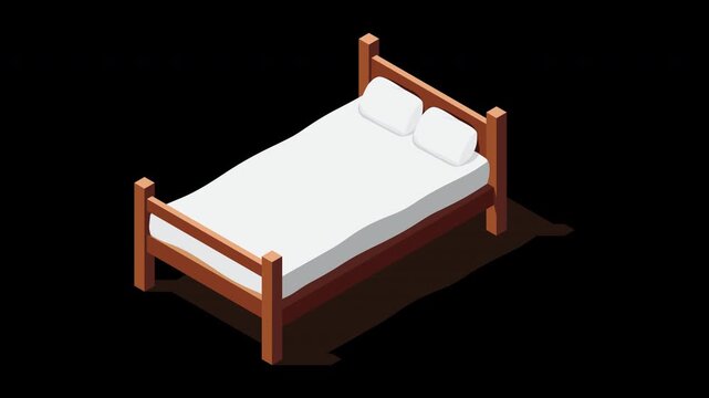 Isometric wooden bed with mattress animation. 3D isometric bed. Wooden bed frame with mattress, pillow, and blanket. Isometric bedroom furniture. Transparent background with alpha channel