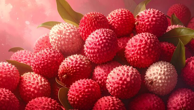 A cluster of brightly lit, bumpy, reddish-white lychees with green leaves against a soft, glowing pink background