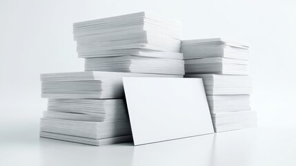 Stack of clean blank business cards on a white background for corporate branding, professional identity, marketing presentation, and office stationery concept