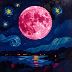 Pink Moon in Black Sky &ndash; Oil Painting