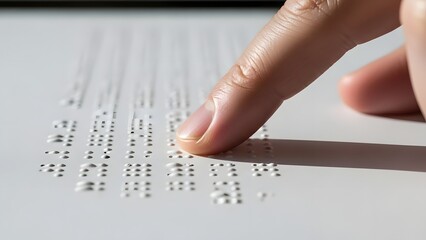 Close-up of human finger gently touching raised dots on white paper surface representing braille reading for the visually impaired and tactile communication system for accessibility