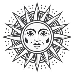 Black and White Stylized Sun Illustration with Happy Face and Geometric Ornamental Rays