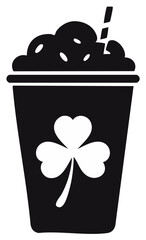 Black and white icon of a St Patricks Day drink with shamrock and straw
