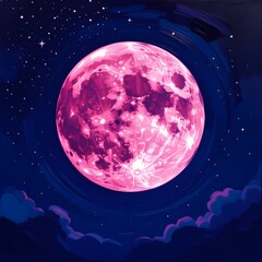 Pink Moon in Black Sky &ndash; Oil Painting