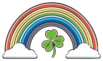 Bright Rainbow and Clover Symbol Against White Background Celebrating Irish Holiday Spirit