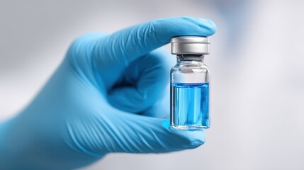 Hand in blue medical glove holding a glass vial with blue liquid