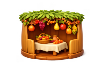 Festive sukkah icon for sukkot celebration featuring fruit decorations and table setting