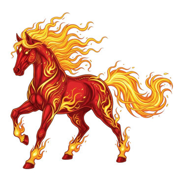 Fiery Stallion Illustration, Mythical Red Horse with Burning Mane and Tail, Fantasy Fire Steed Graphic Element on White Background