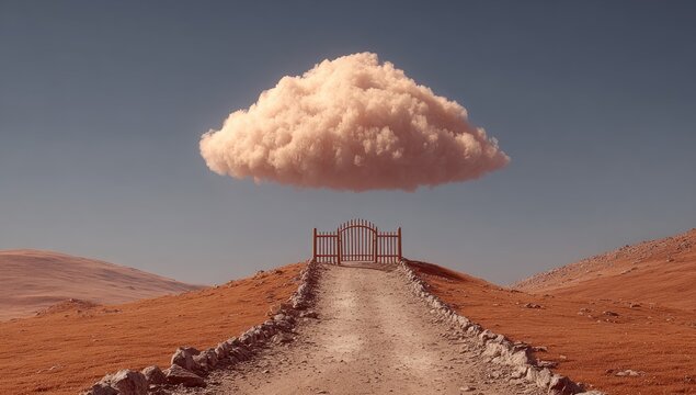 Cloud hovers over gate path in surreal, dry landscape