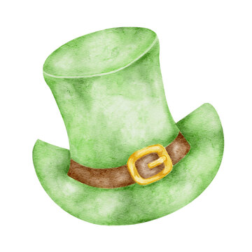 Green leprechaun hat with buckle, isolated, hand painted watercolor clipart. Ideal for St. Patricks Day decor, Irish folklore designs, childrens illustrations, and festive graphics