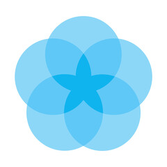 Blue five circle venn diagram forming a rounded floral intersection shape vector infographic for data balance chart model geometric business element round info design clean flat graphic