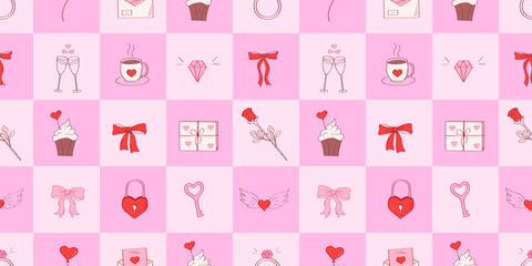 Seamless pattern Valentine's Day trendy coquette geometric background with elements of love. Vector illustration for postcard, cover, poster, wallpaper, packaging.