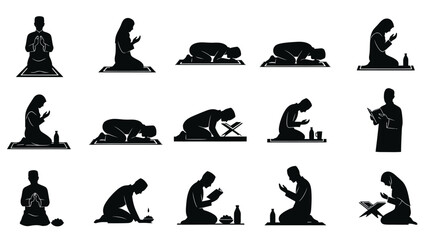 Obraz premium of various muslim people in different praying positions a white white with muslim praying and islamic prayer Silhouette vector on whit Background