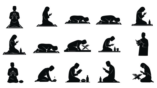 of various muslim people in different praying positions a white white with muslim praying and islamic prayer Silhouette vector on whit Background