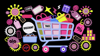 Shopping cart filled with colorful bags and tags surrounded by decorative elements on black background