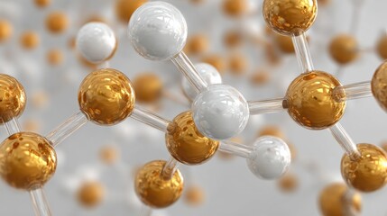 3D rendering of a molecular structure with golden and white spheres connected by transparent bonds