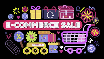E commerce sale with shopping cart gifts and various decorative elements on a black background design