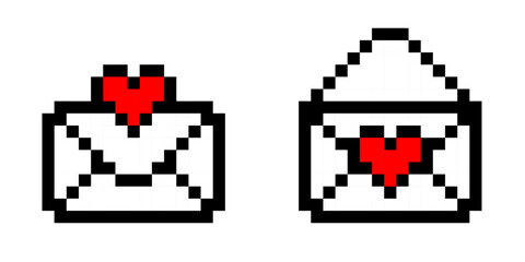Pixelated love letter mail envelope with red heart icon in vintage videogame style designed for arcade game graphics vector art romantic background and cute digital style