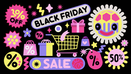 A colorful black friday sale themed illustration with discounts and shopping elements on a black background