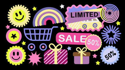 A cartoon illustration of sale elements including gifts shopping cart and smiling suns on black background