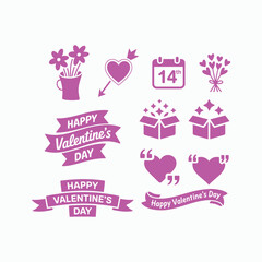 Valentine&rsquo;s Day icon set with hearts, flowers, gifts, and romantic banners, pink love vector illustration.