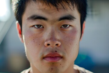 Close up portrait of a young asian man with freckles showing a serious expression