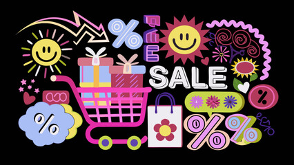 Colorful sale themed doodle art with shopping cart, gifts, suns and percentages on a black background