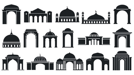 Collection of black mosque domes and arches white for graphic design with islamic and architecture and element Silhouette vector on whit Background